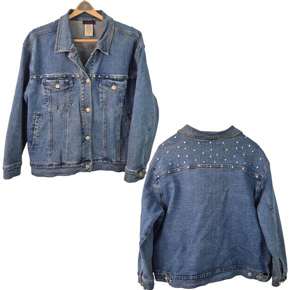 Denim & Co Blue Denim MOTO Boho Studded Vintage Jean Jacket 1 X - Picture 1 of 4